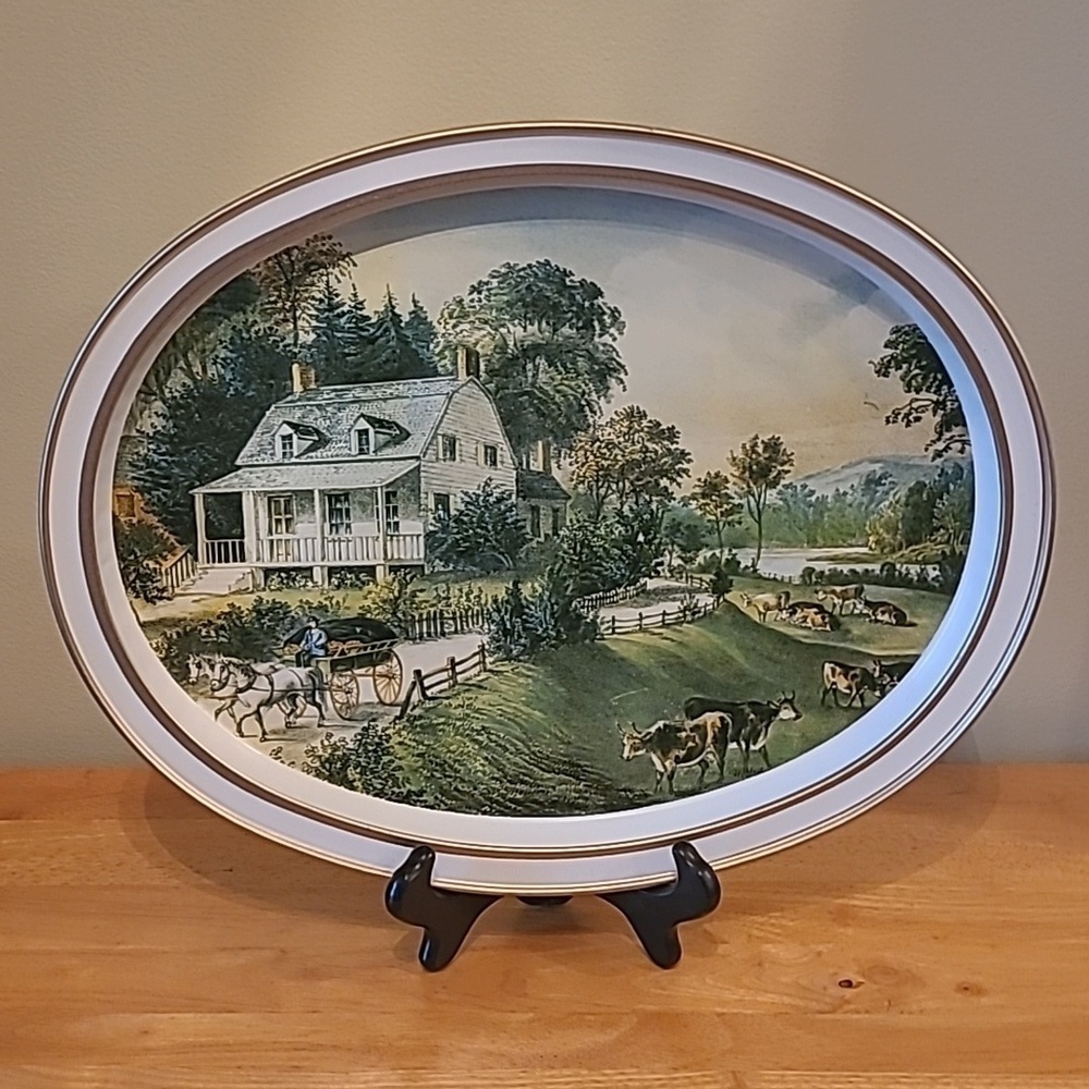 CURRIER AND IVES Vintage Oval Tin Platter "The American Homestead Summer 1868"